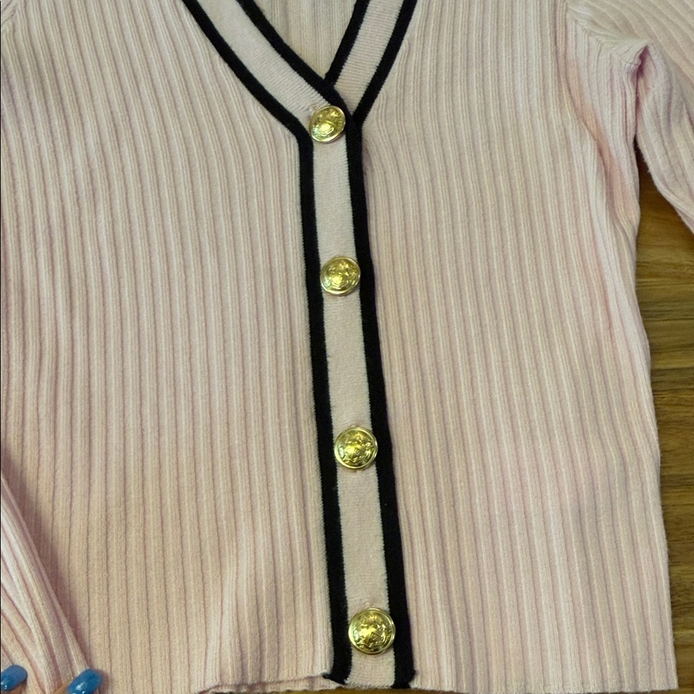 Express Pink Ribbed Cardigan with Black Trim and Gold Buttons. Womens XSmall - Picture 4 of 6